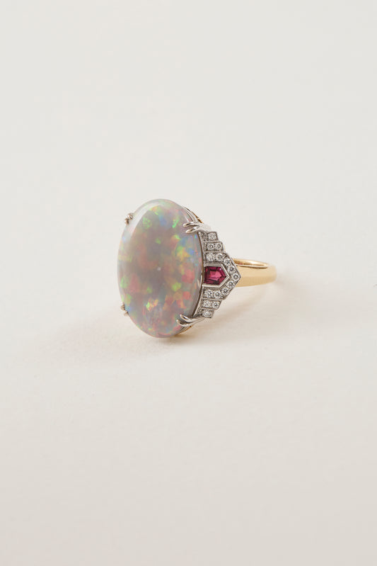 Opal and Ruby Art Deco Design Ring
