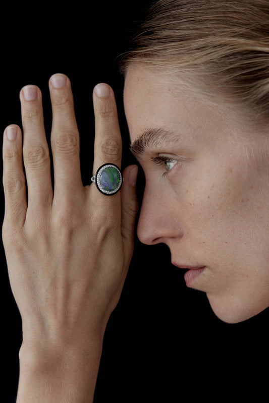 solid opal and diamond ring with 18ct white gold opal is from lightning ridge available at keshett