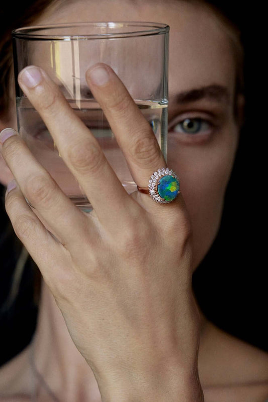 solid opal and diamond ring with 18ct white gold opal is from lightning ridge available at keshett