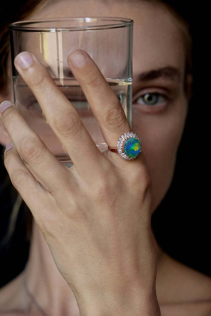 solid opal and diamond ring with 18ct white gold opal is from lightning ridge available at keshett