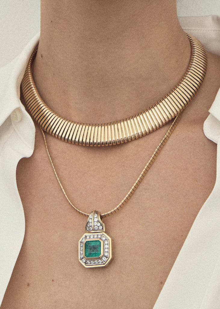 18ct Yellow Gold 5ct Emerald and Diamond 2.20ct Vintage & Antique Necklace  