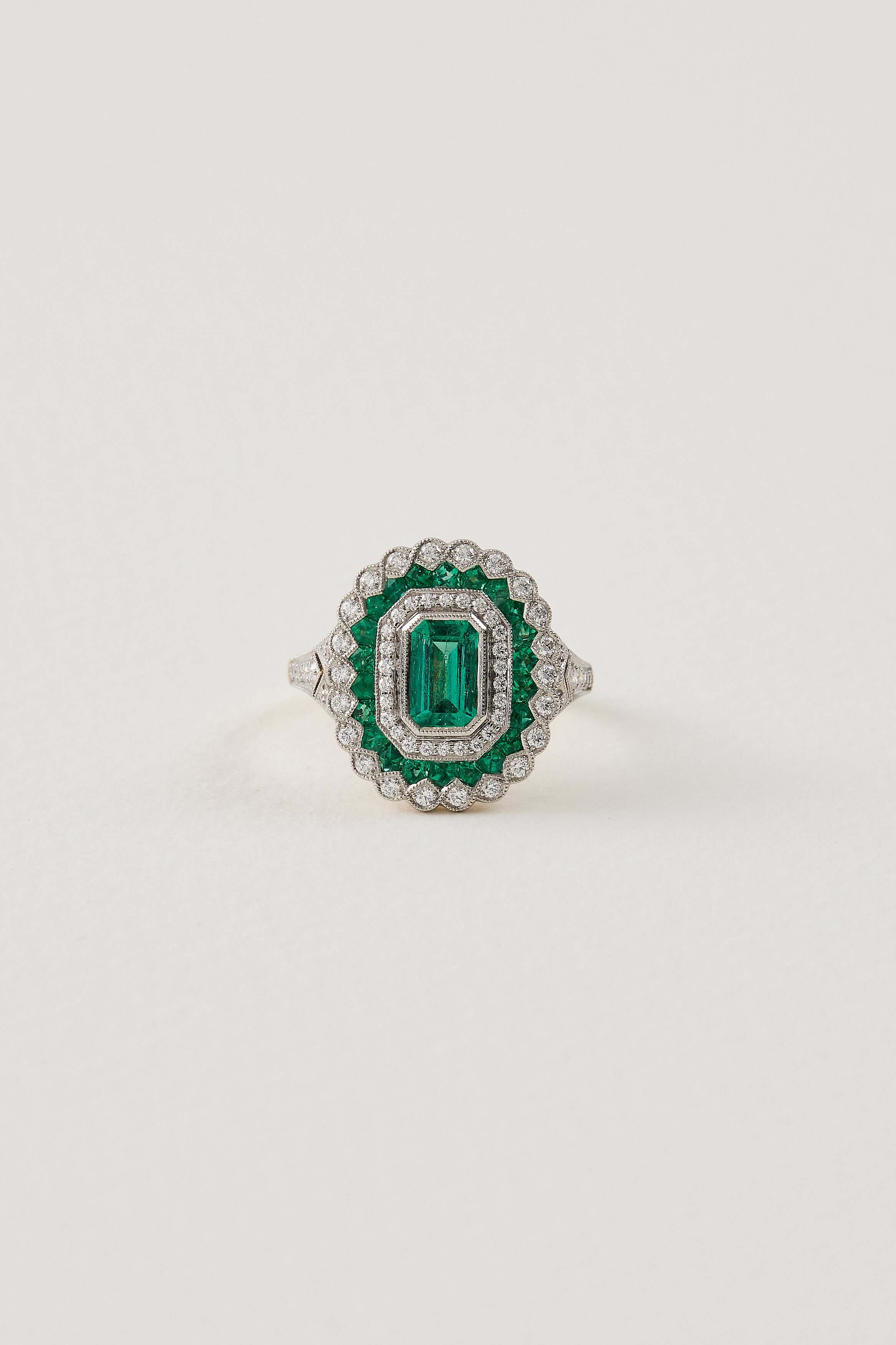 Emerald Halo Deco Ring