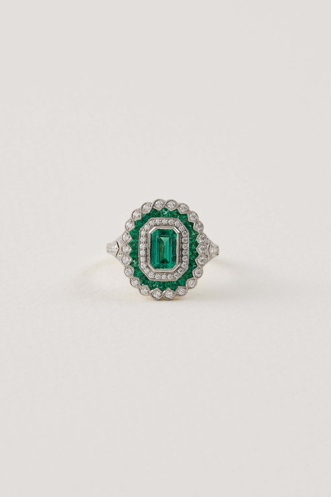 Emerald Halo Art Deco Design Ring