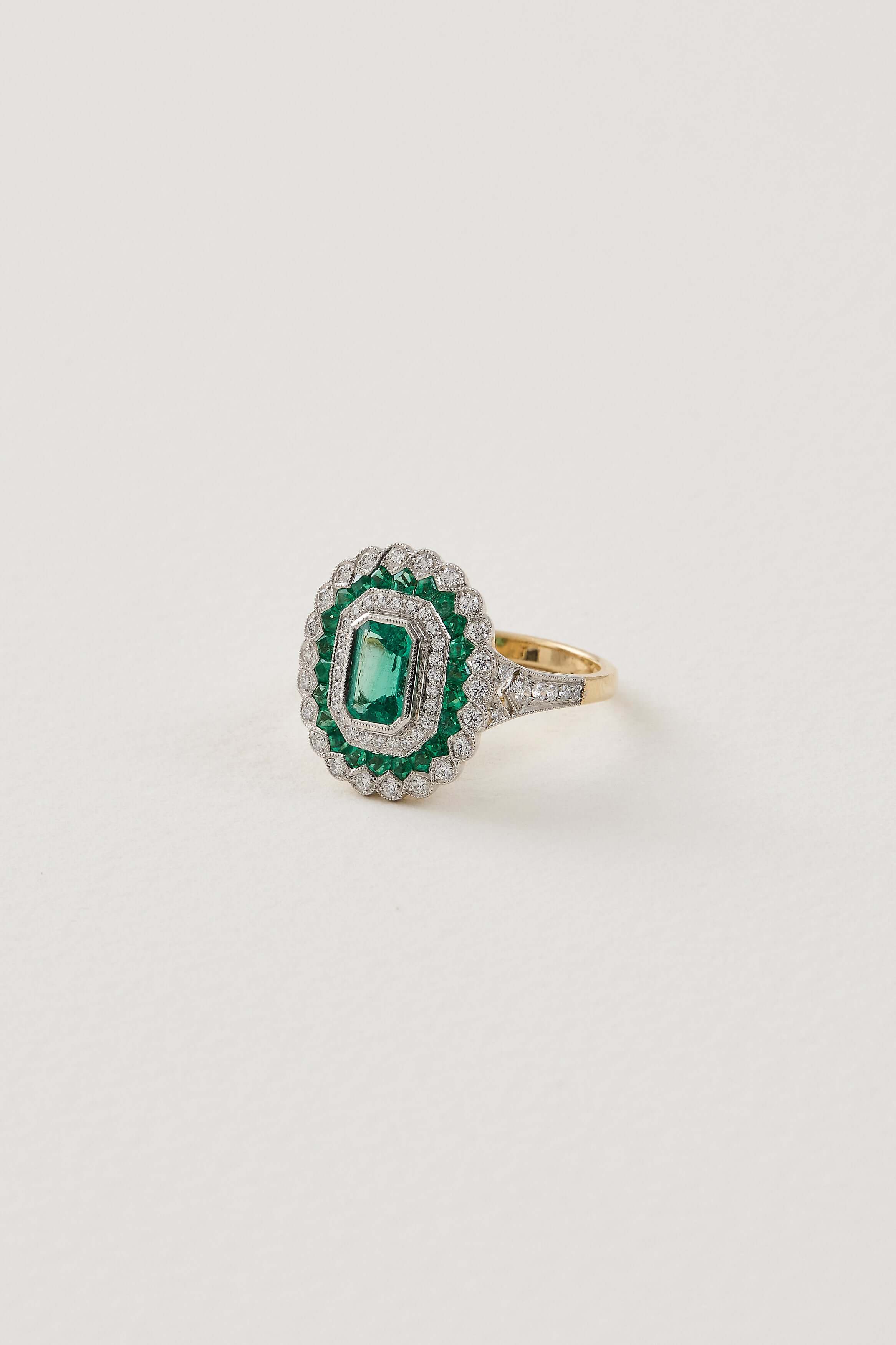 Emerald Halo Deco Ring