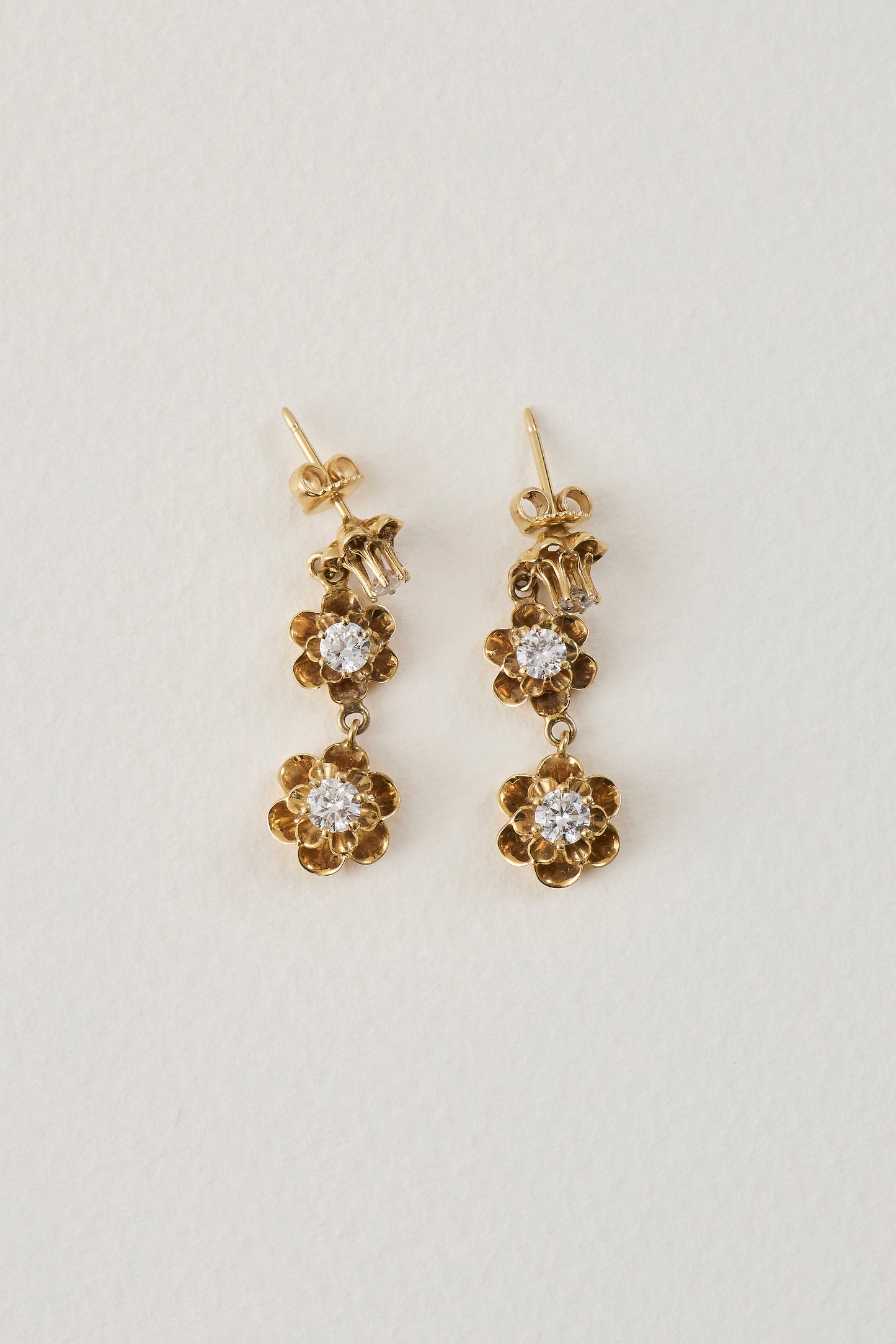 mid century vintage floral diamond and gold drop earrings