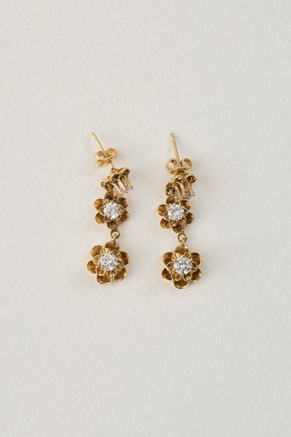 mid century vintage floral diamond and gold drop earrings