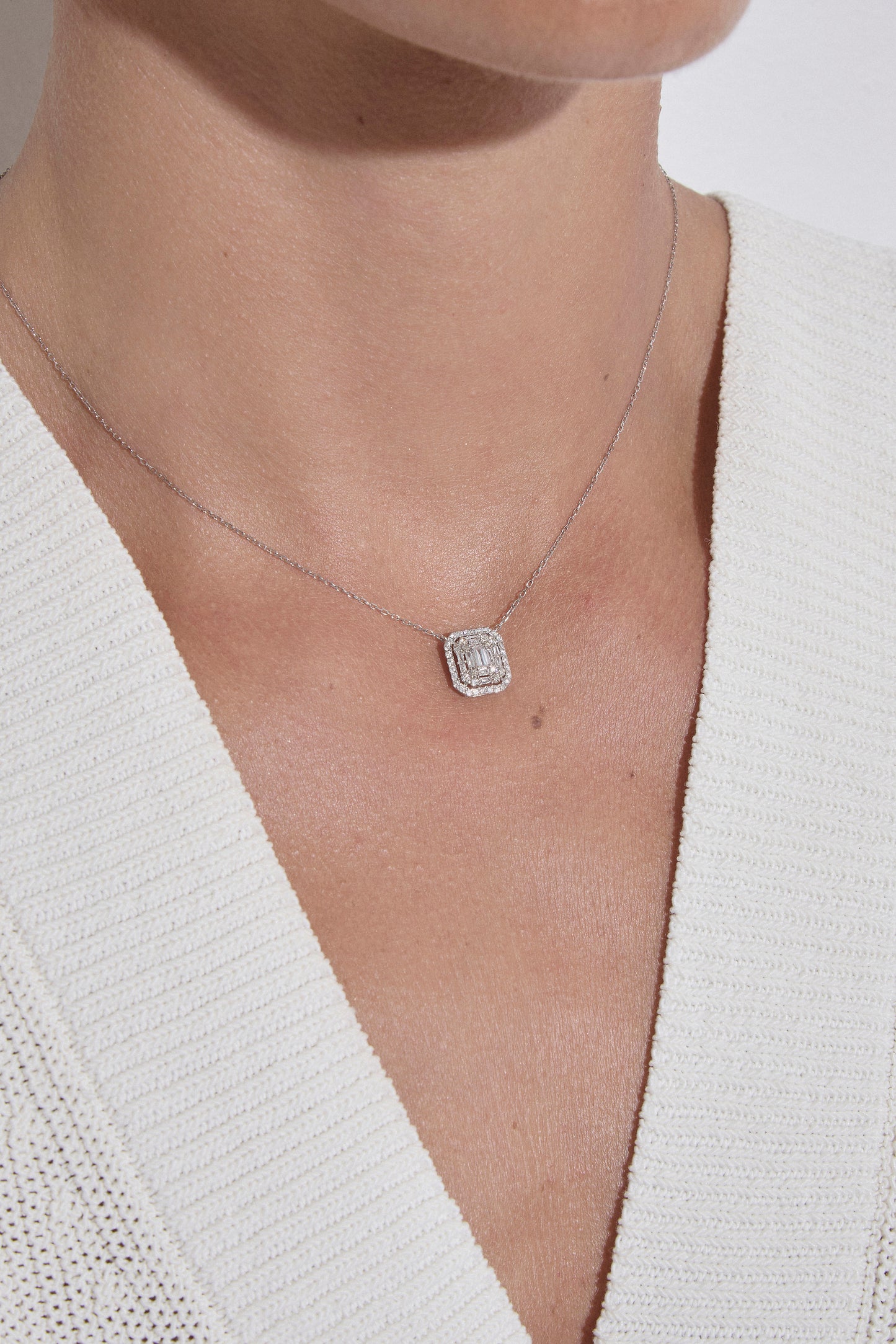 Diamond Baguette Halo Necklace