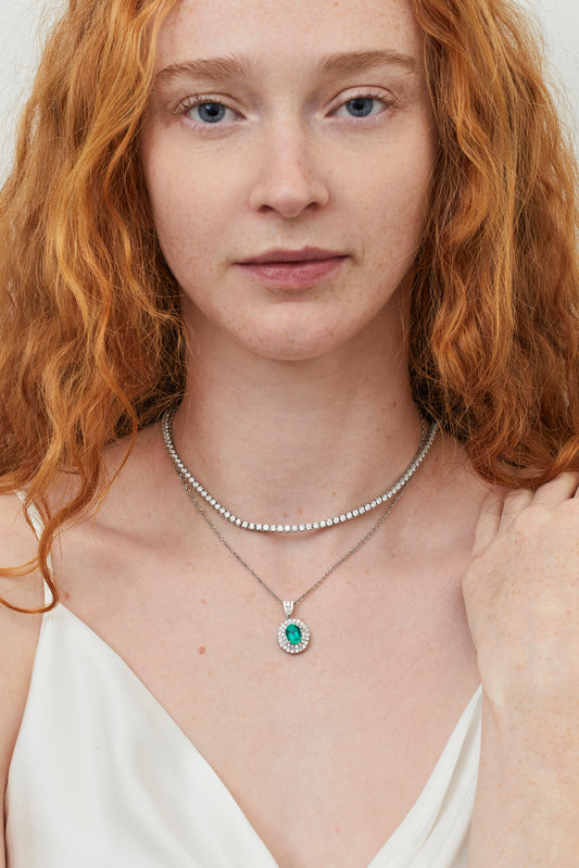 Emerald Double Halo Pendant Necklace