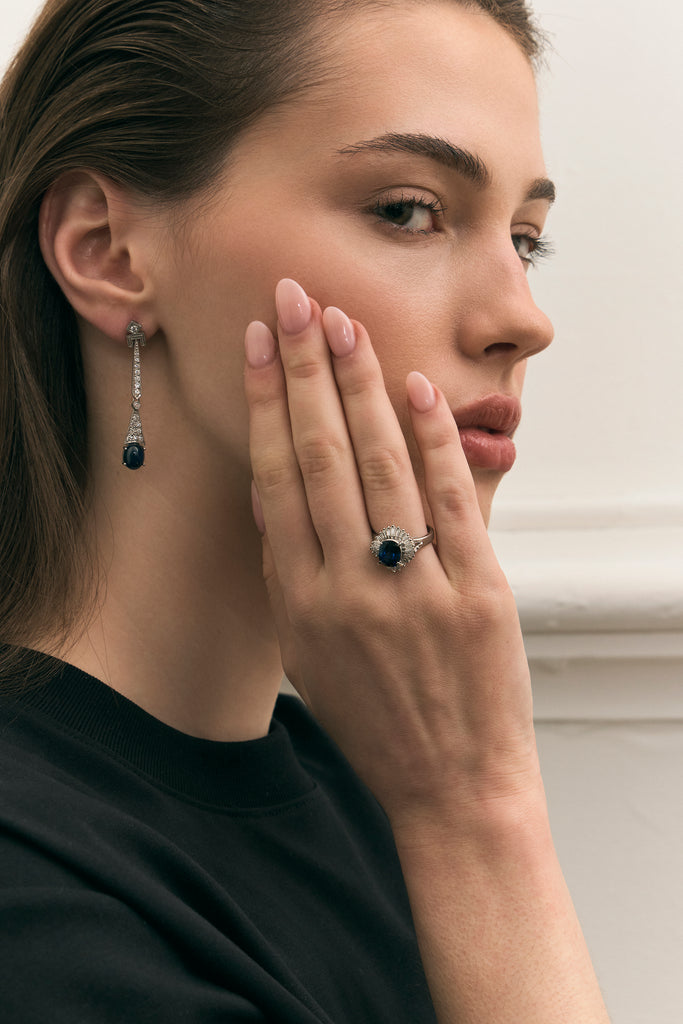 Sapphire Art Deco Design Drop Earrings