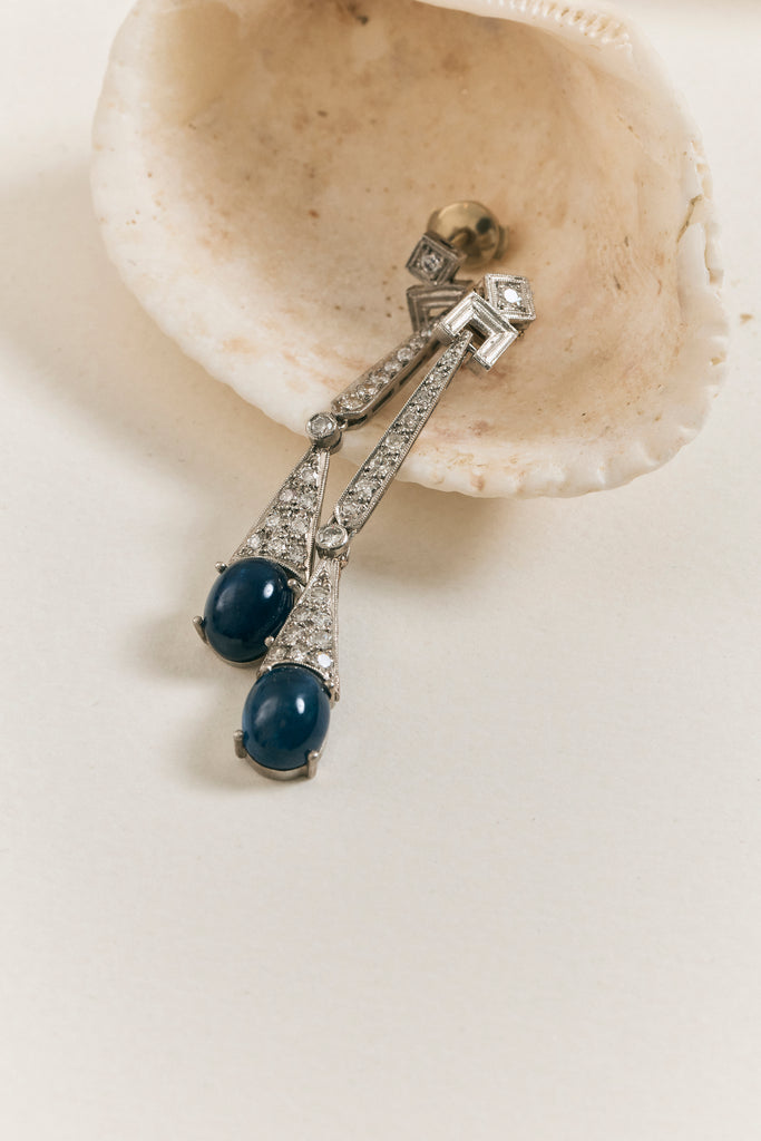 Sapphire Art Deco Design Drop Earrings