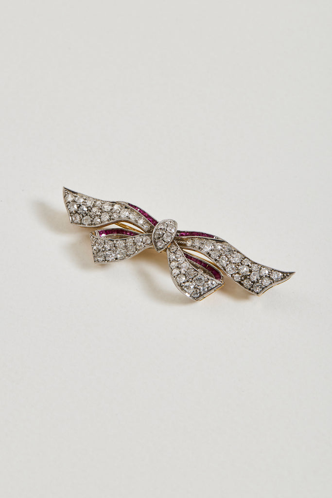 Diamond and Ruby Edwardian Bow Brooch