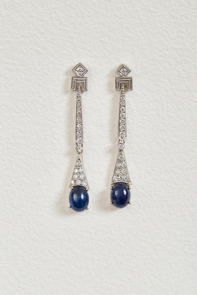 Sapphire Art Deco Design Drop Earrings
